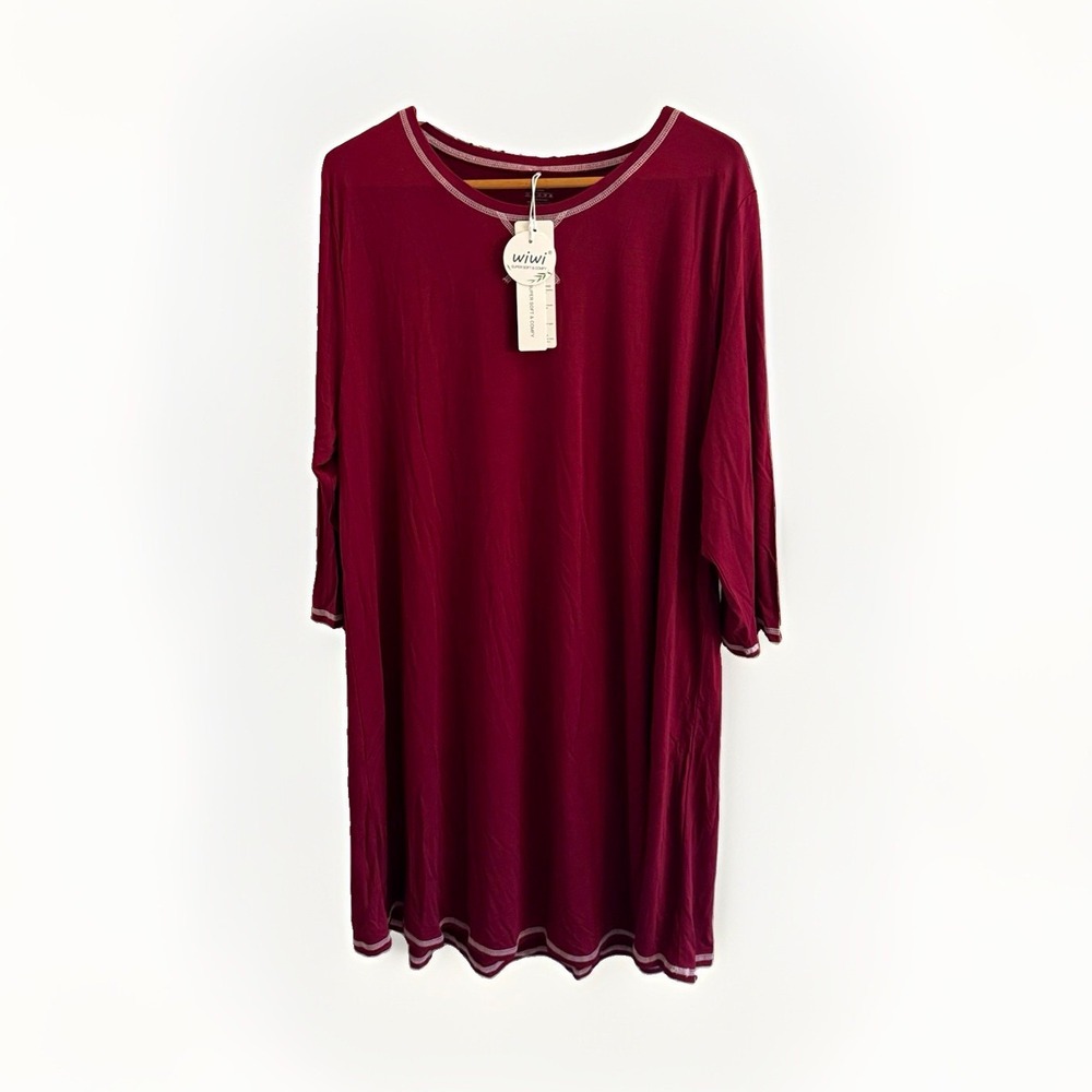wiwi Bamboo Burgundy Knit Nightgown Gown 2XL Long Sleeve Round Neck